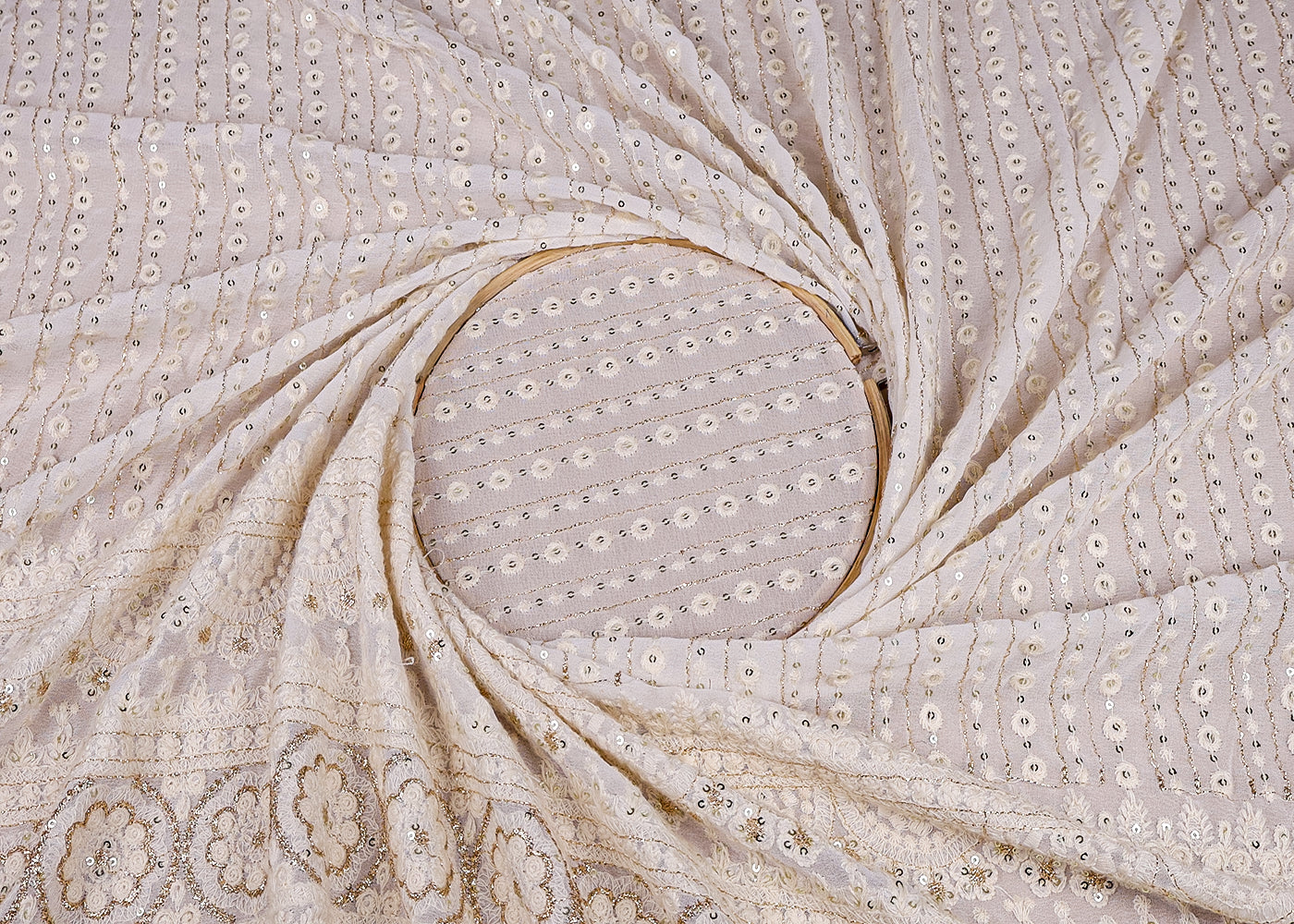 (Pre-Cut 1.6 MTR) White Georgette Fabric With All Over Thread And Sequins Work With One Side Border 18559
