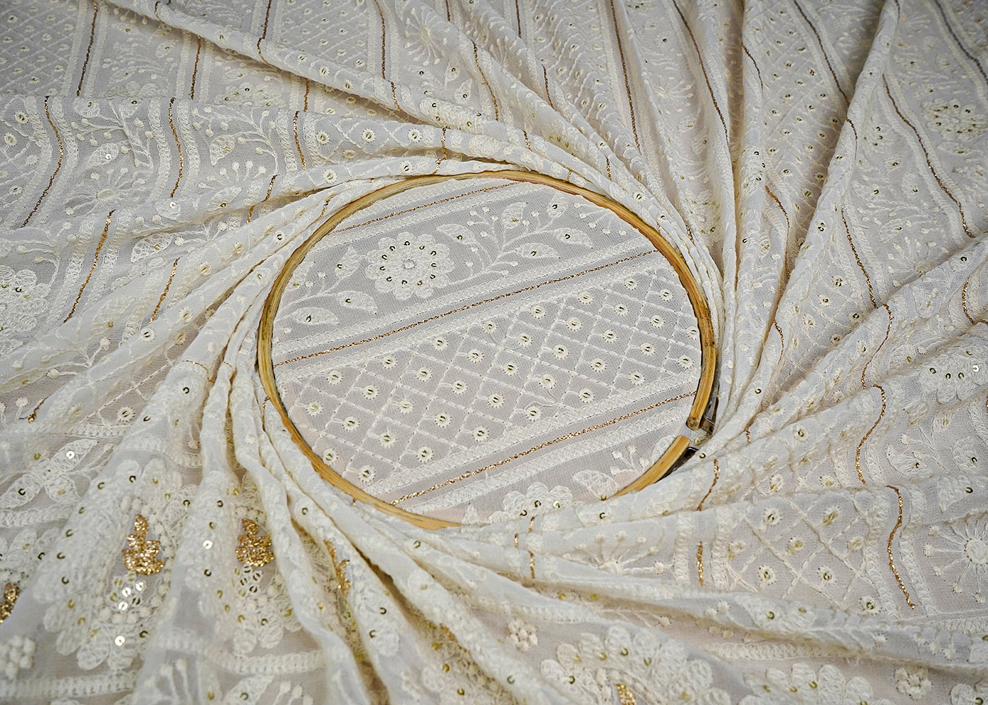 (Pre-Cut 2.2 MTR) White Georgette Fabric With All Over Thread, Zari And Sequins Work With One Side Border 18560