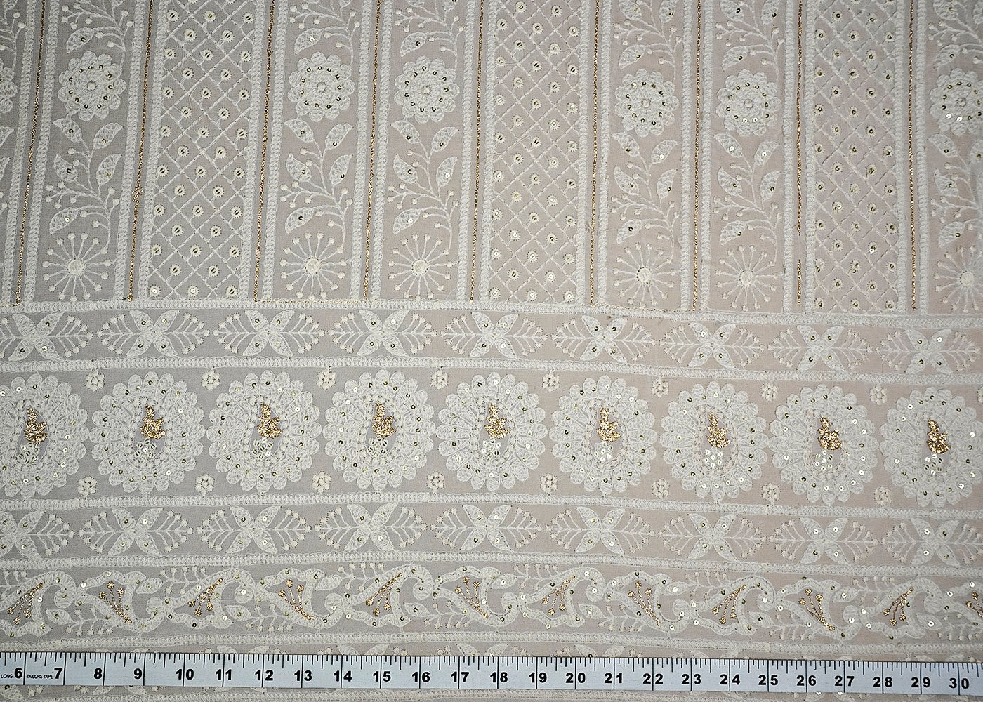 (Pre-Cut 2.2 MTR) White Georgette Fabric With All Over Thread, Zari And Sequins Work With One Side Border 18560