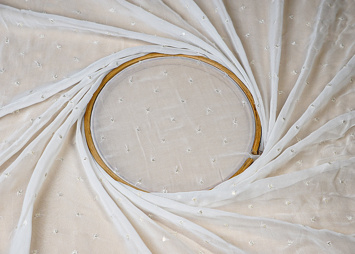 (Pre-Cut 1.55 MTR) White Georgette Fabric With All Over Thread And Sequins Buti 18561