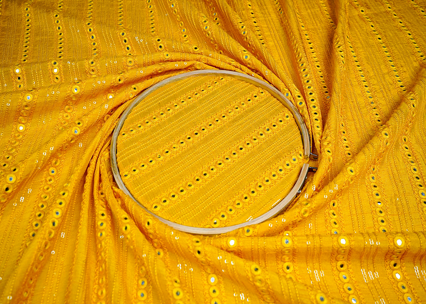 (Pre-Cut 1.8 MTR) Yellow Dola Silk Fabric With All over Thread And Faux Mirror Work 18566