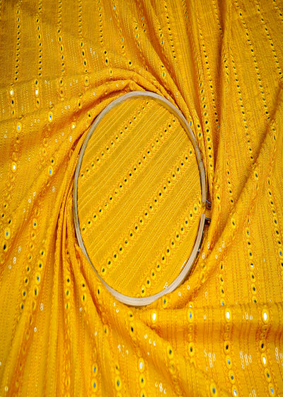 (Pre-Cut 1.8 MTR) Yellow Dola Silk Fabric With All over Thread And Faux Mirror Work 18566