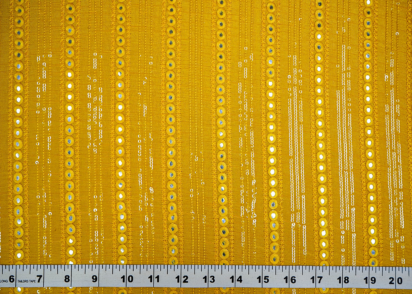 (Pre-Cut 1.8 MTR) Yellow Dola Silk Fabric With All over Thread And Faux Mirror Work 18566