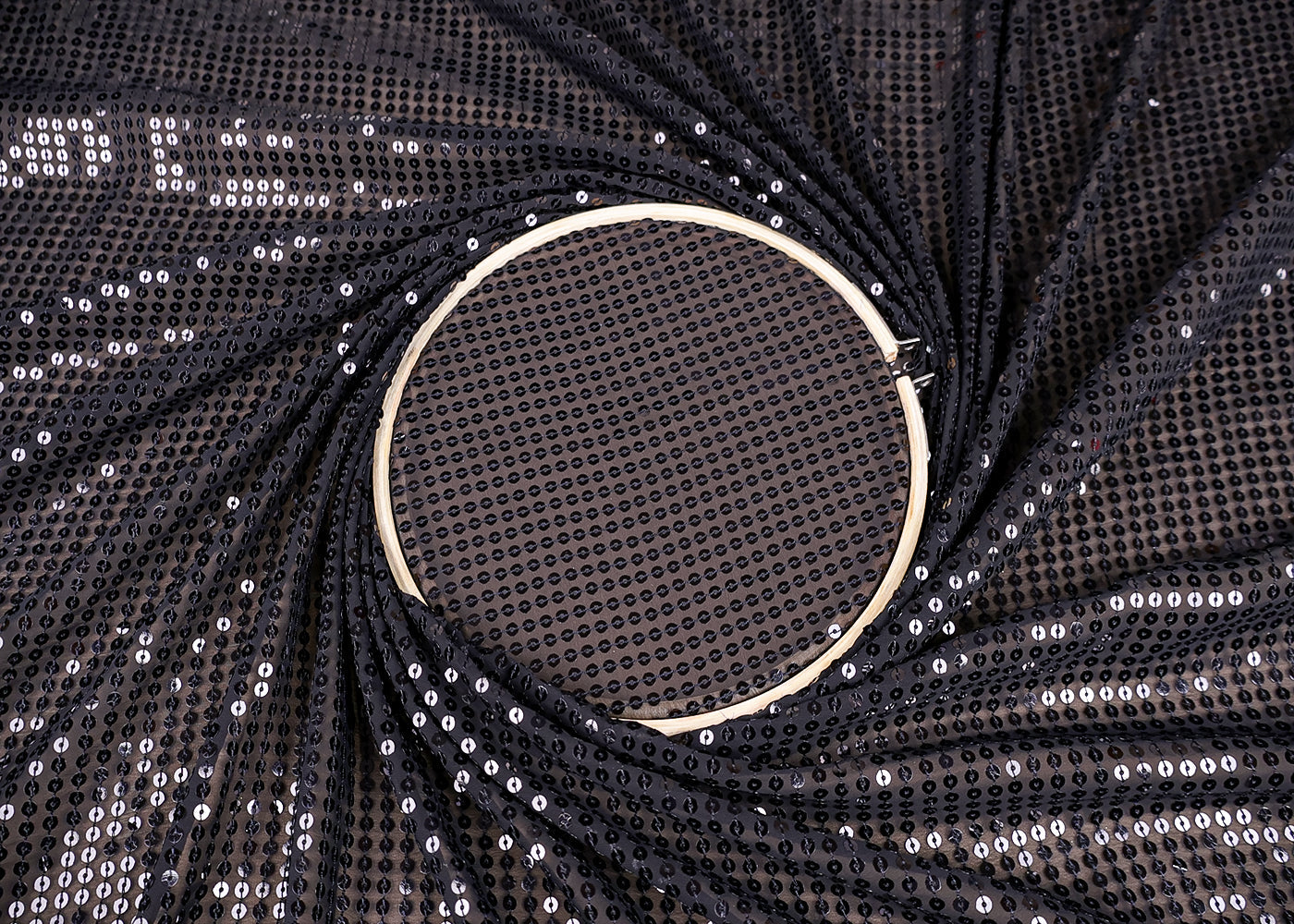 (Pre-Cut 1.5 MTR) Black Georgette Fabric With All Over Sequins Work 18568