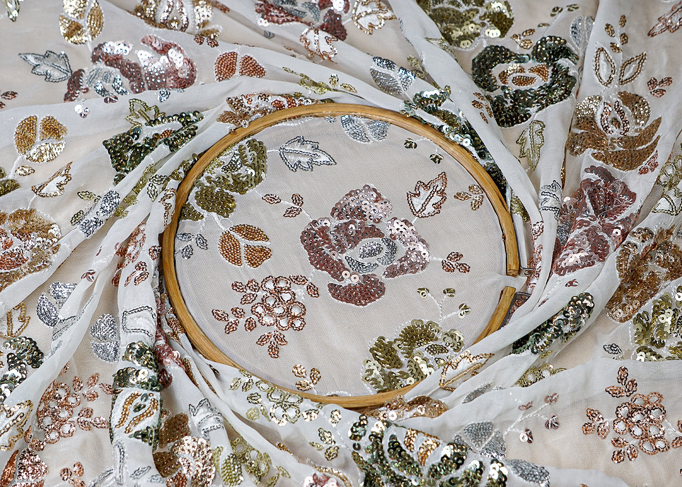 (Pre-Cut 1.3 MTR) White Georgette Fabric With All Over Thread And Sequins Work With One Side Scalloped Border 18569