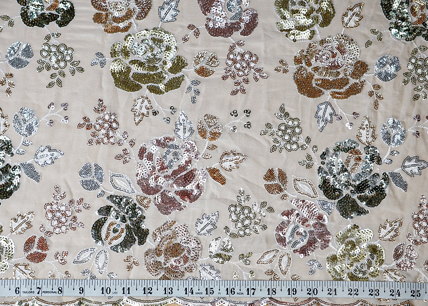 (Pre-Cut 1.3 MTR) White Georgette Fabric With All Over Thread And Sequins Work With One Side Scalloped Border 18569