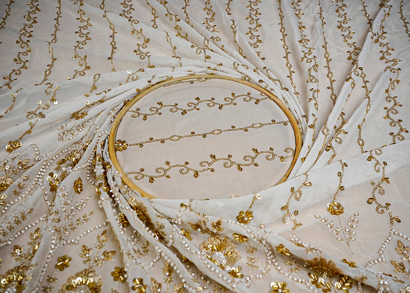 (Pre-Cut 1.15 MTR) White Georgette Fabric With All Over Bead, Katdana And Sequins Work With One Side Border 18571