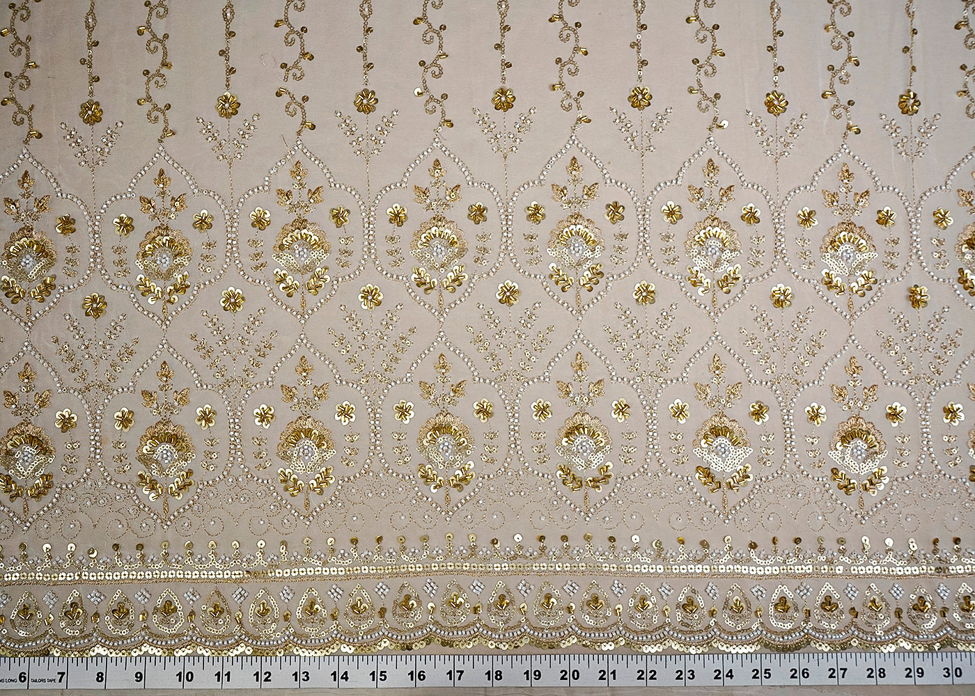 (Pre-Cut 1.15 MTR) White Georgette Fabric With All Over Bead, Katdana And Sequins Work With One Side Border 18571