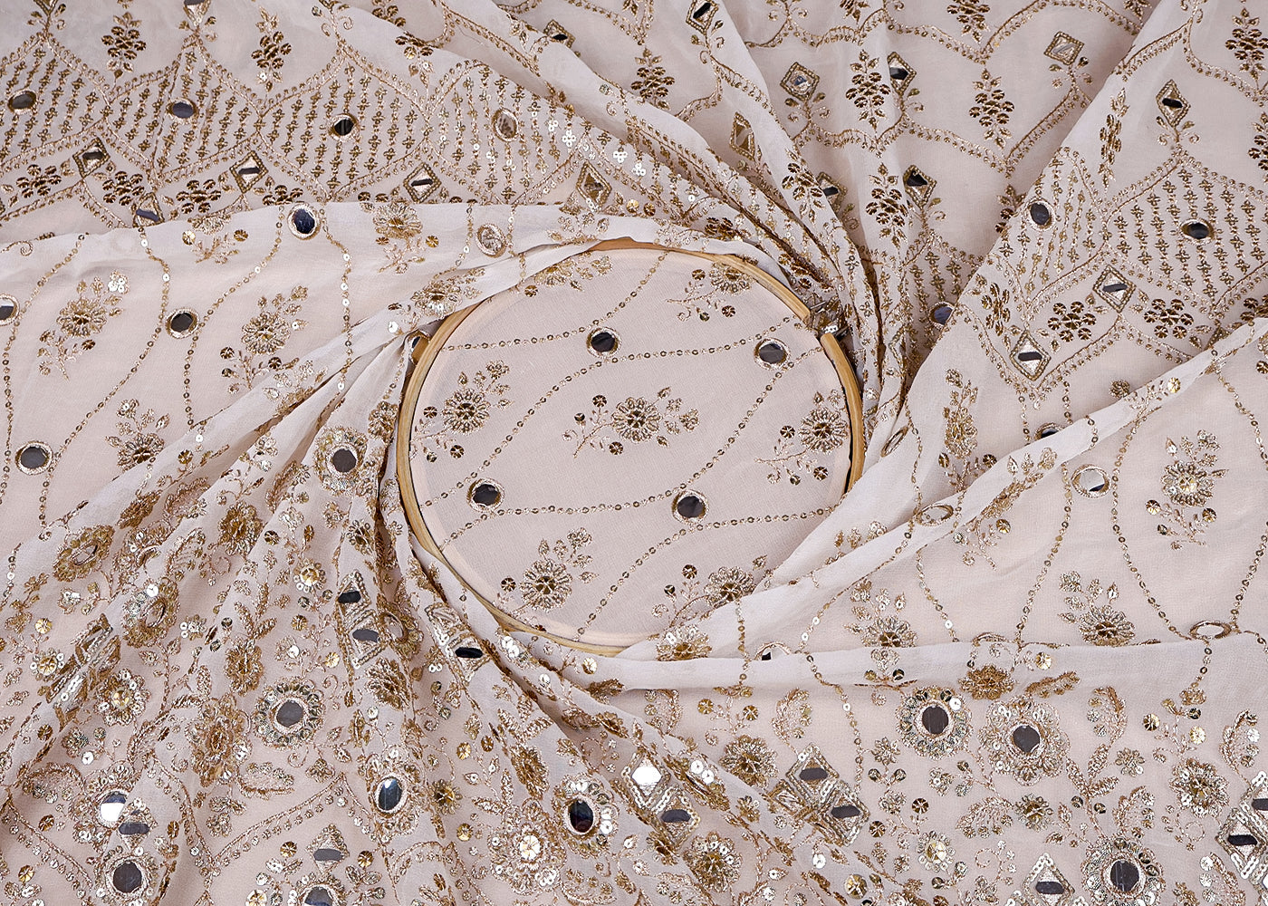 (Pre-Cut 1.9 MTR) White Georgette Fabric With All Over Thread Sequins And Faux Mirror With One Side Scalloped Border 18572