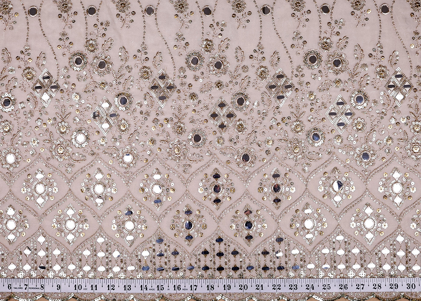 (Pre-Cut 1.9 MTR) White Georgette Fabric With All Over Thread Sequins And Faux Mirror With One Side Scalloped Border 18572