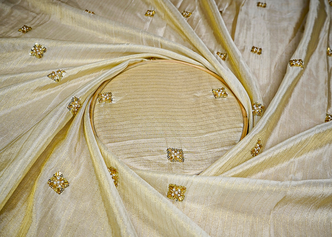 (Pre-Cut 1.75 MTR) Golden Tissue Fabric With All Over Sequins Katdana And Bead Buti  18573