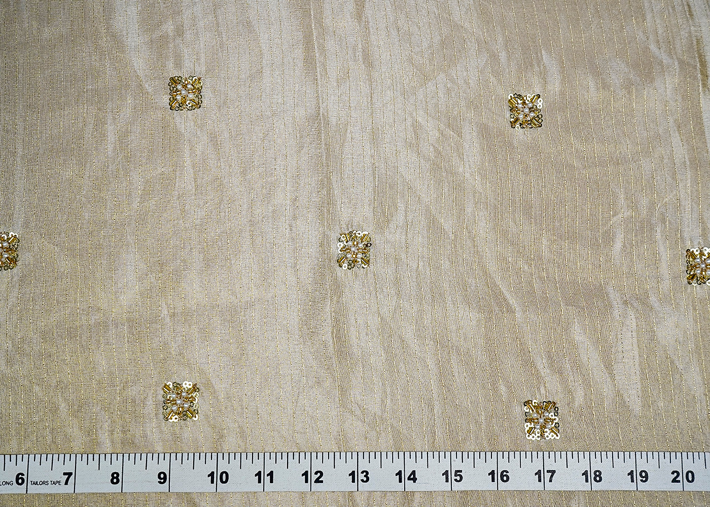 (Pre-Cut 1.75 MTR) Golden Tissue Fabric With All Over Sequins Katdana And Bead Buti  18573