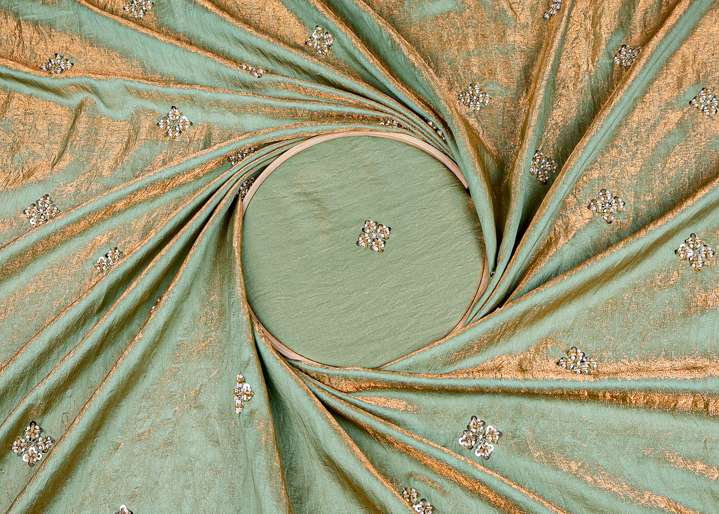 (Pre-Cut 1.6 MTR) Sea Green Diamond Silk Fabric With All Over Katdana, Bead And Sequins Work 18574