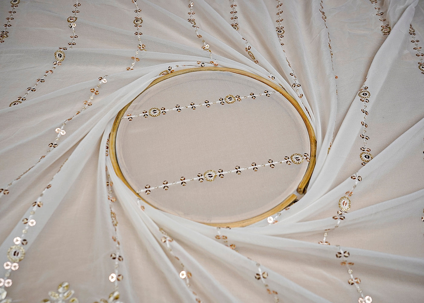 (Pre-Cut 1.8 MTR) White Georgette Fabric With All Over Thread And Sequins Work With Two Side Border 18575