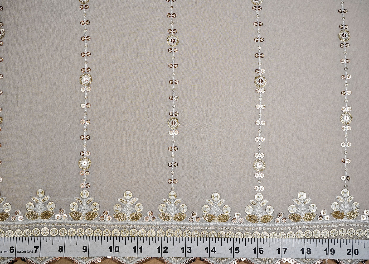 (Pre-Cut 1.8 MTR) White Georgette Fabric With All Over Thread And Sequins Work With Two Side Border 18575