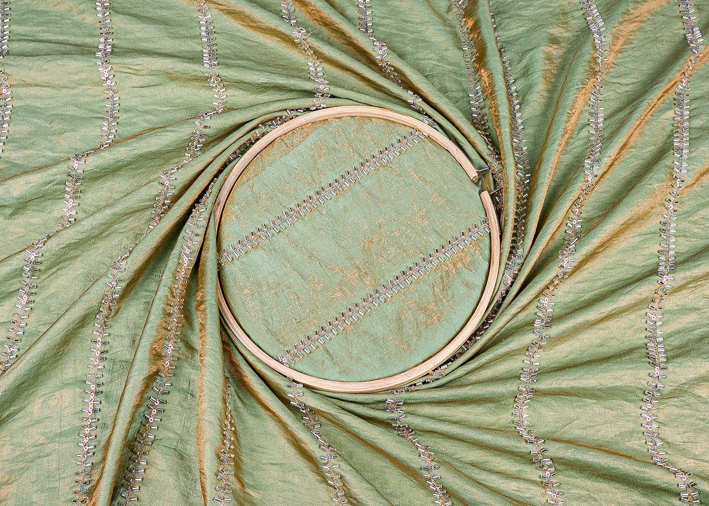 (Pre-Cut 0.65 MTR) Sea Green Diamond Silk Fabric With All Over Stripes Of Katdana And Sequins Work 18577