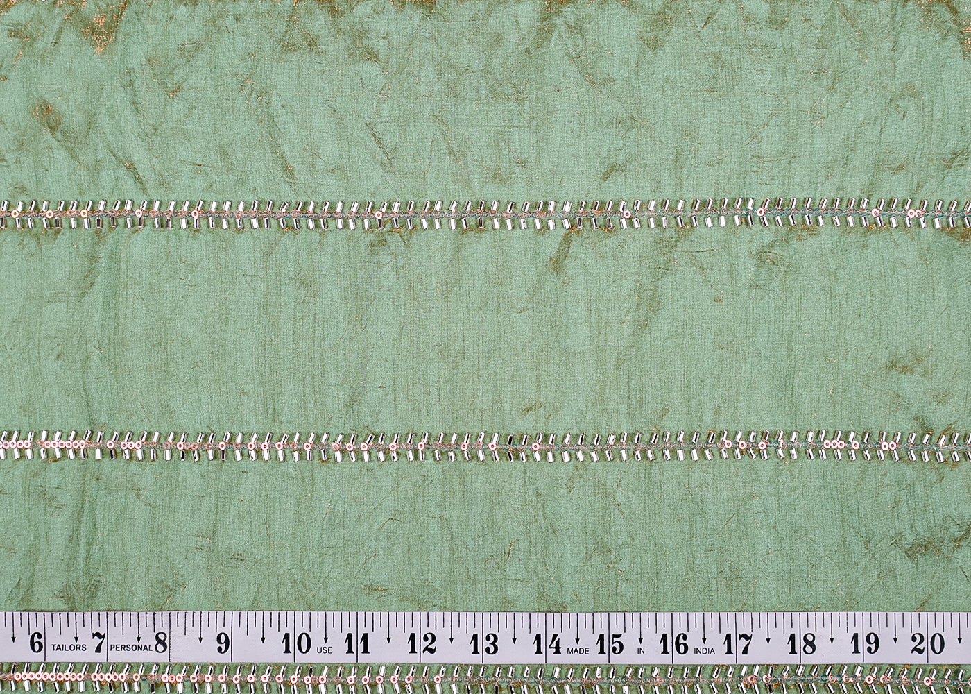 (Pre-Cut 0.65 MTR) Sea Green Diamond Silk Fabric With All Over Stripes Of Katdana And Sequins Work 18577
