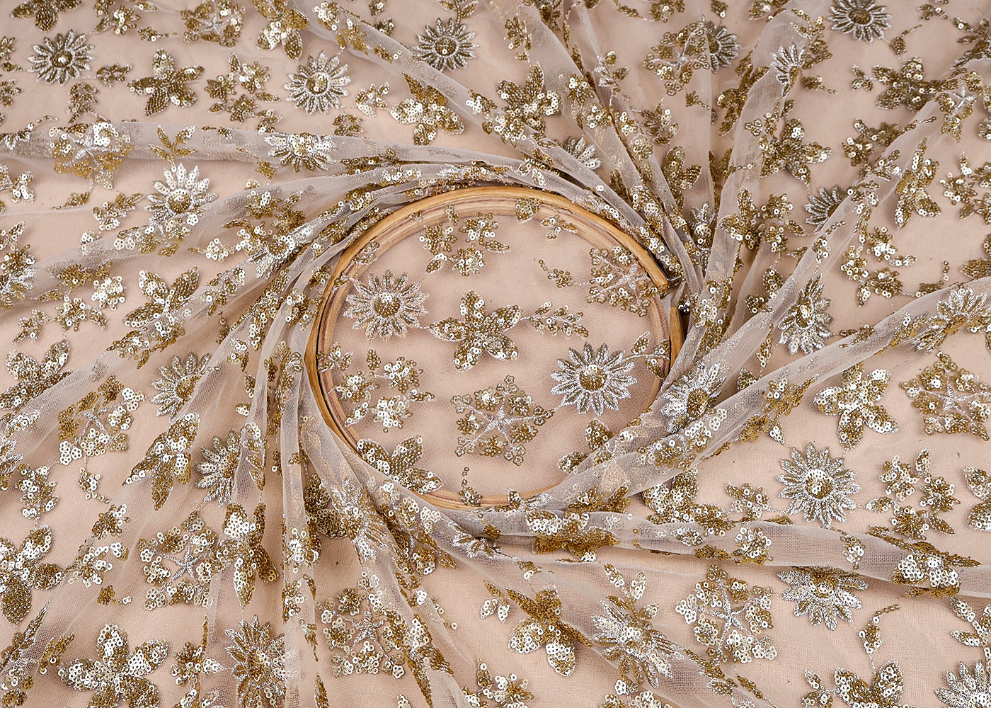 (Pre-Cut 1.3 MTR) Golden Net Fabric With All Over Thread And Sequins Work 18579