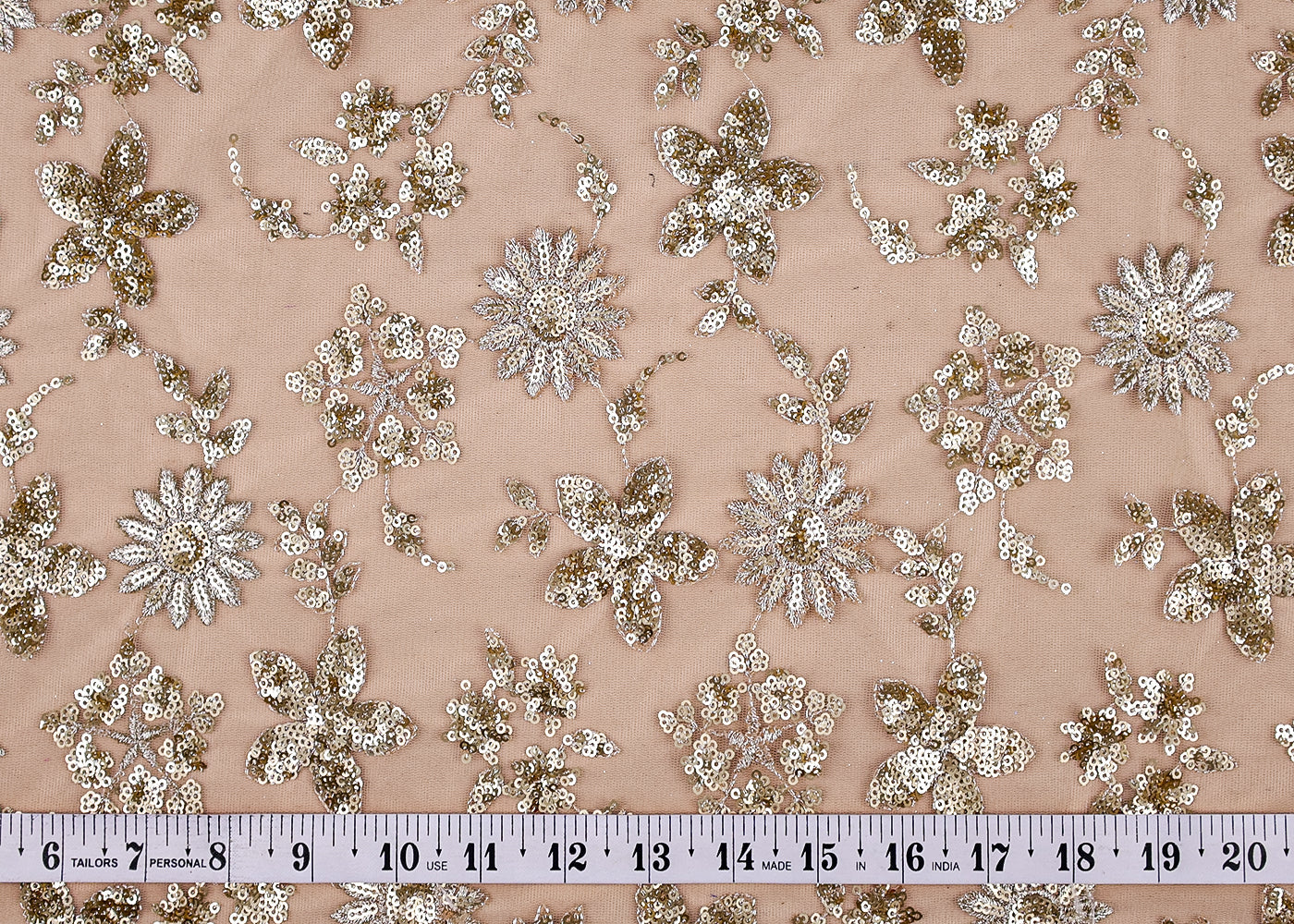 (Pre-Cut 1.3 MTR) Golden Net Fabric With All Over Thread And Sequins Work 18579