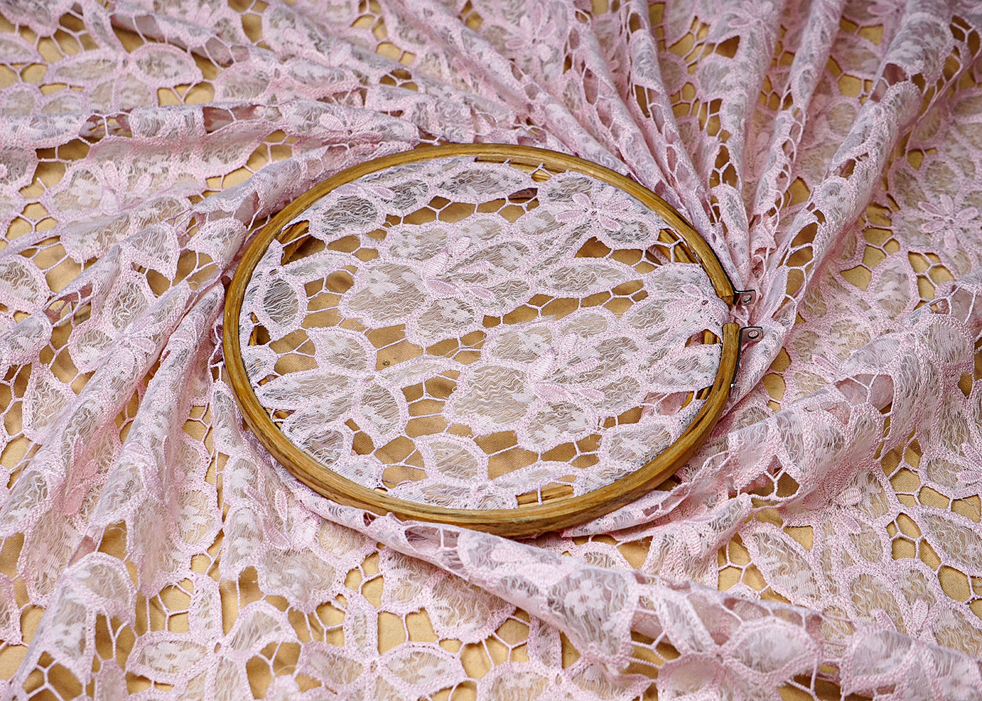 (Pre-Cut 1.6 MTR) Light Pink Snadlin Lace Fabric With All Over Floral Pattern And Cutwork 18580