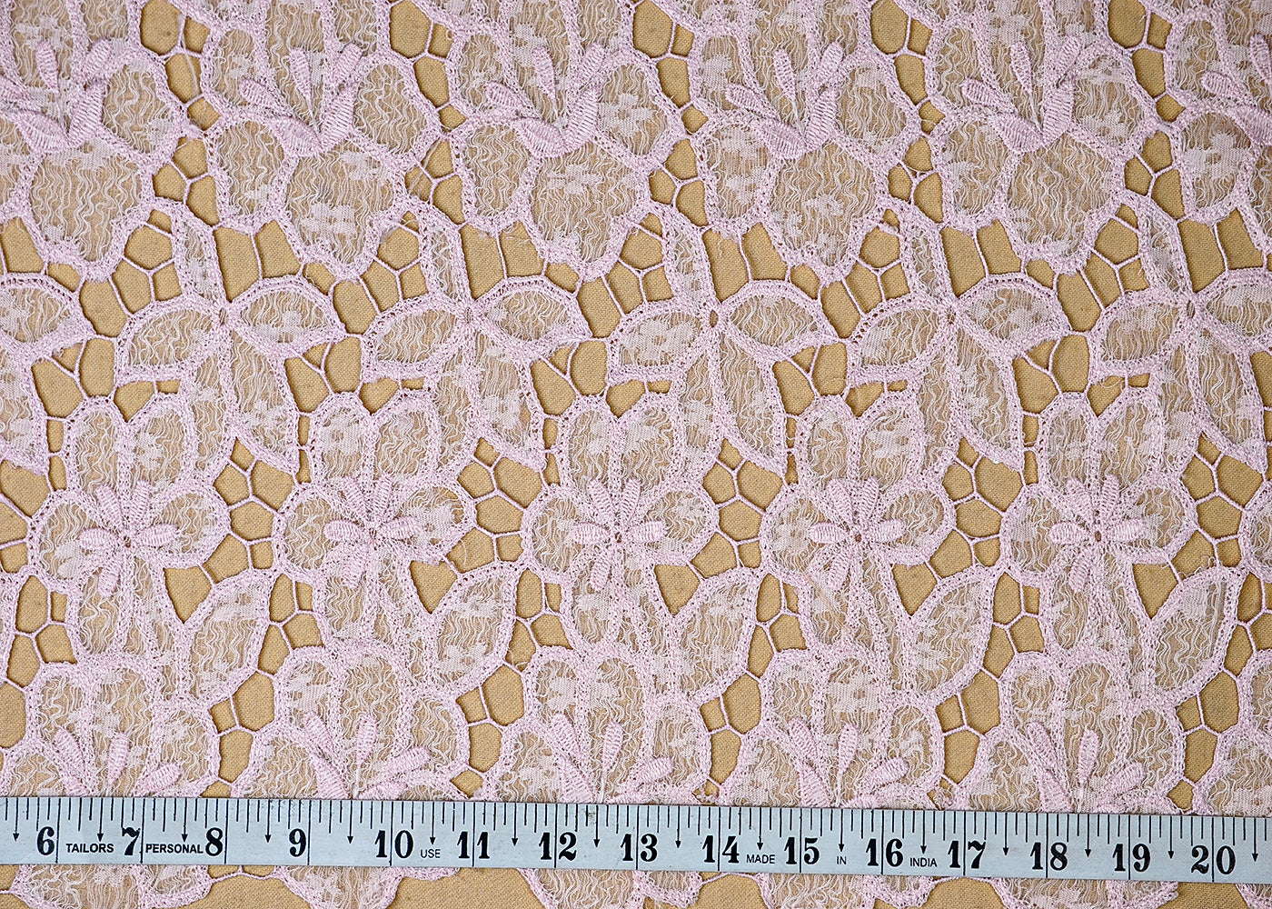 (Pre-Cut 1.6 MTR) Light Pink Snadlin Lace Fabric With All Over Floral Pattern And Cutwork 18580