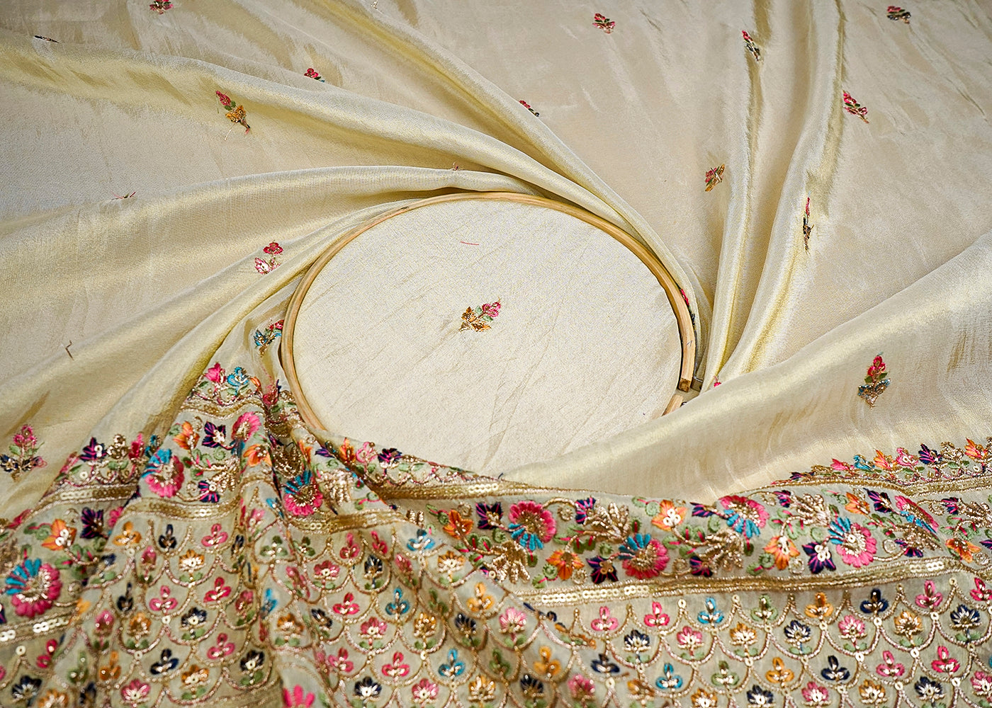 (Pre-Cut 2 MTR) Gold Tissue Fabric With All Over Thread, Zari And Sequins Work With One Side Border 18581