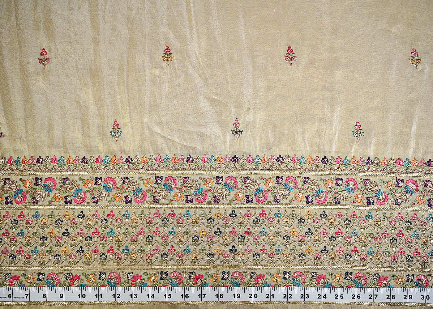 (Pre-Cut 2 MTR) Gold Tissue Fabric With All Over Thread, Zari And Sequins Work With One Side Border 18581