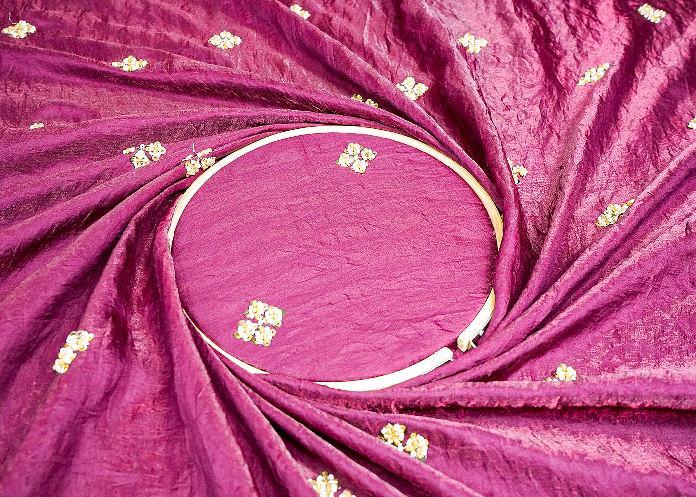 (Pre-Cut 1 MTR) Wine Diamond Silk Fabric With All Over Stripes Of Katdana And Sequins Work 18582