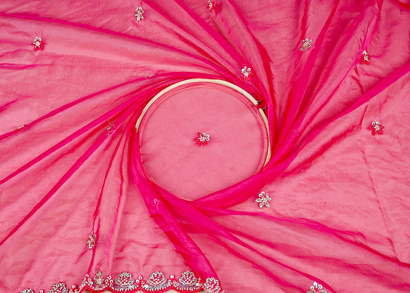 (Pre-Cut 1.85 MTR) Pink Organza Fabric With All Over Thread, Sequins, Katdana And Bead Work With Two Side Border 18584
