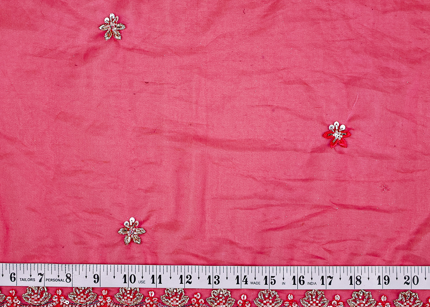 (Pre-Cut 1.85 MTR) Pink Organza Fabric With All Over Thread, Sequins, Katdana And Bead Work With Two Side Border 18584