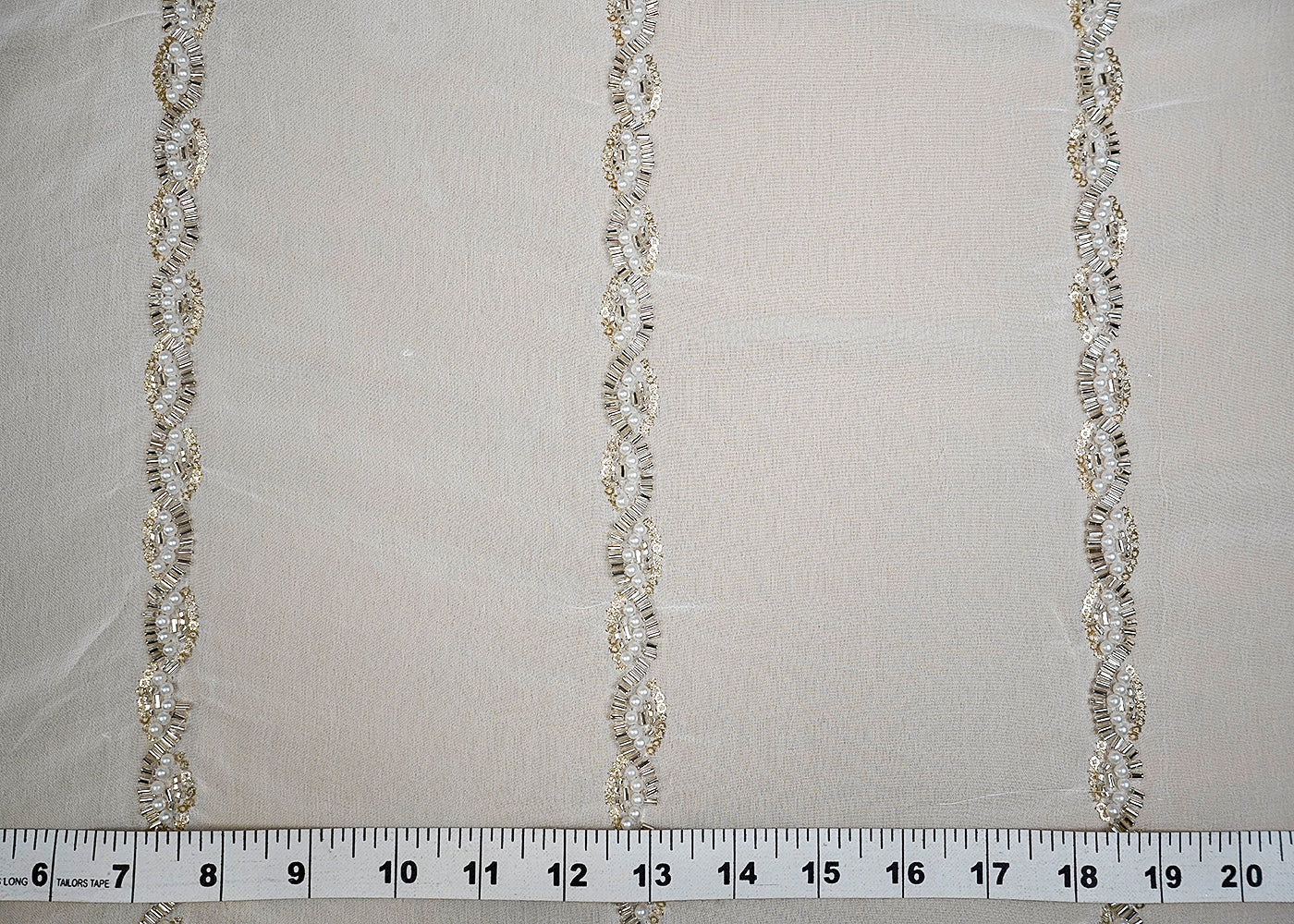 (Pre-Cut 1.3 MTR) White Georgette Fabric With All Over Stripes Of Katdana, Bead And Sequins Work 18587