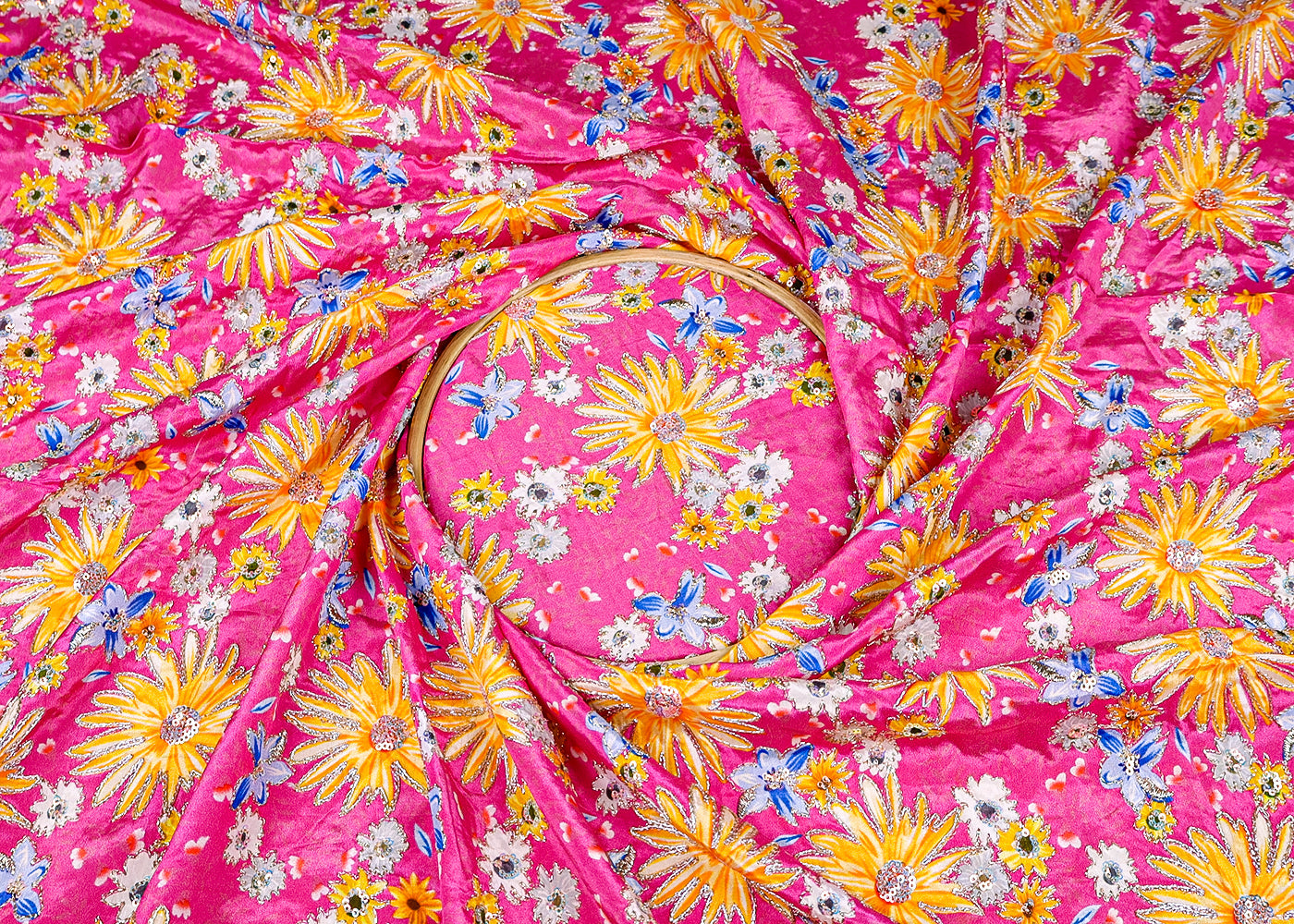 (Pre-Cut 1.55 MTR) Pink Crepe Fabric With All Over Floral Print With Zari And Sequins Work 18590