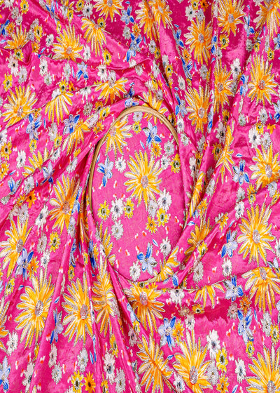 (Pre-Cut 1.55 MTR) Pink Crepe Fabric With All Over Floral Print With Zari And Sequins Work 18590