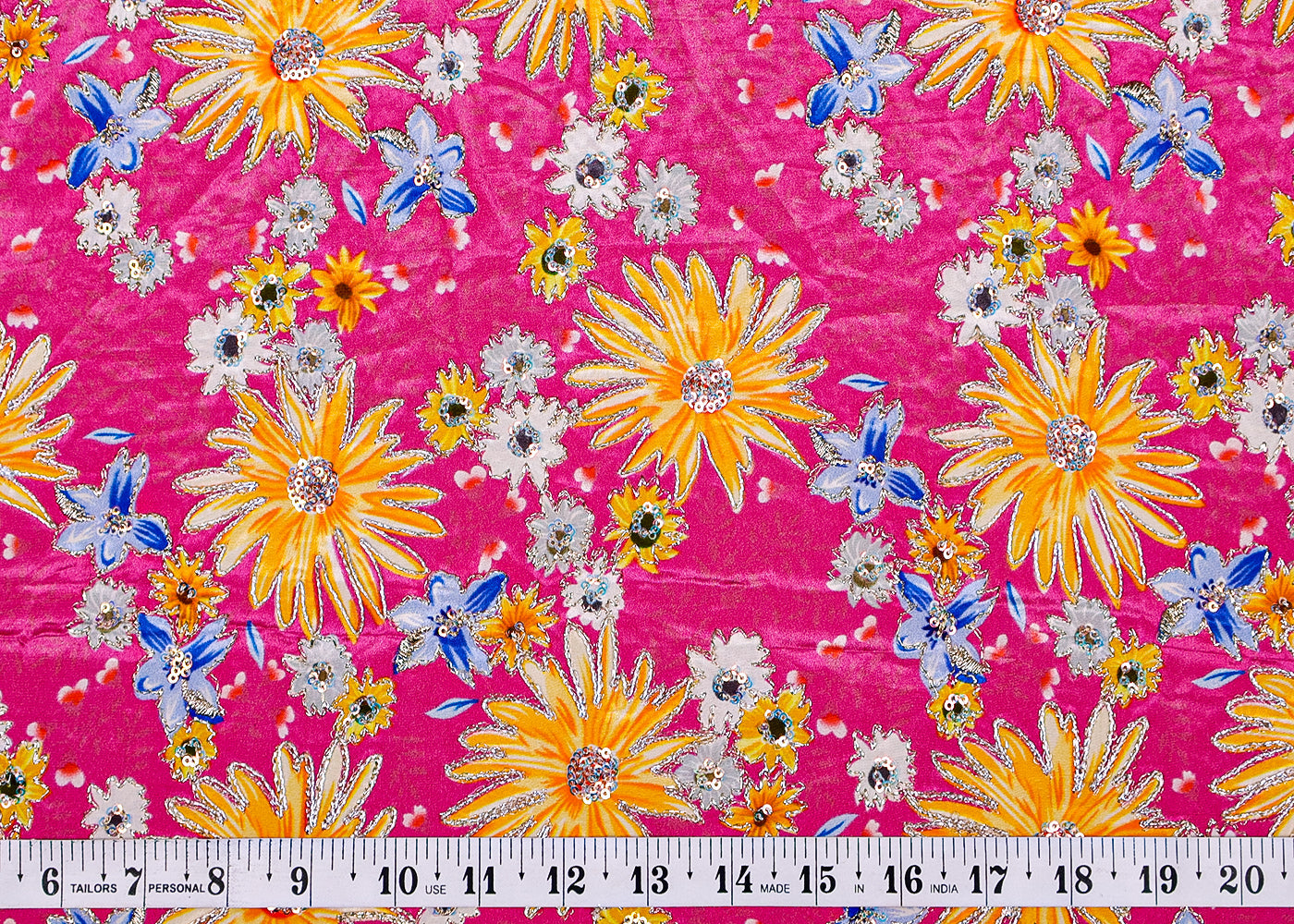(Pre-Cut 1.55 MTR) Pink Crepe Fabric With All Over Floral Print With Zari And Sequins Work 18590