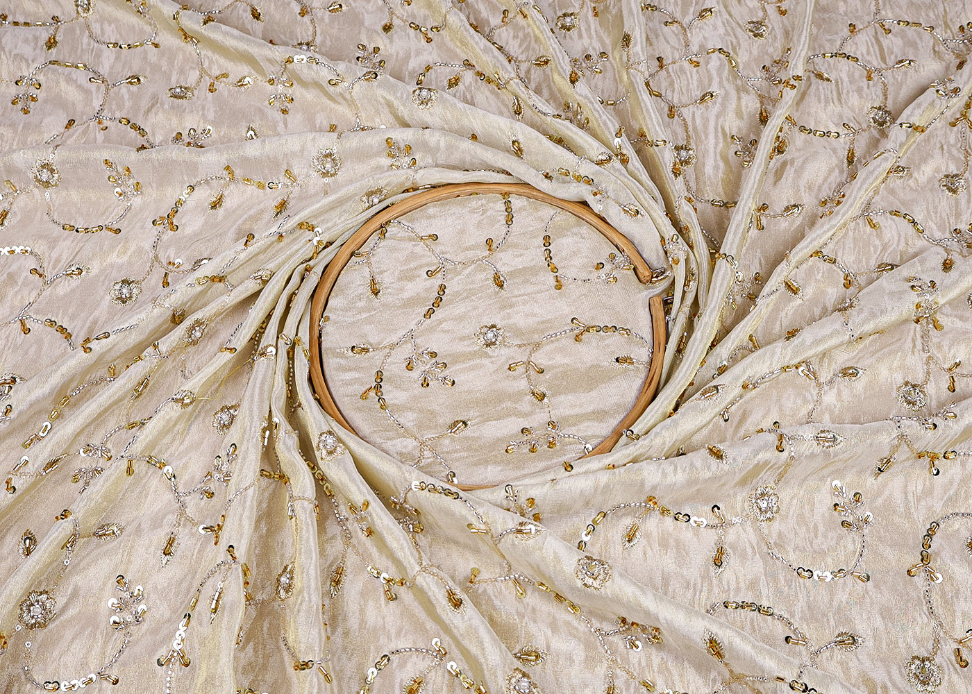 (Pre-Cut 1.5 MTR) Gold Tissue Fabric With All Over Katdana, Bead And Sequins Work 18591