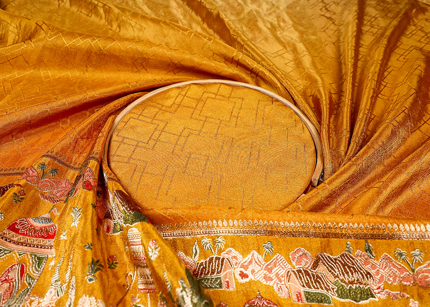 (Pre-Cut 3.8 MTR) Mustard Tissue Fabric With All Over Zari Work With One Side Heavy Work 18598