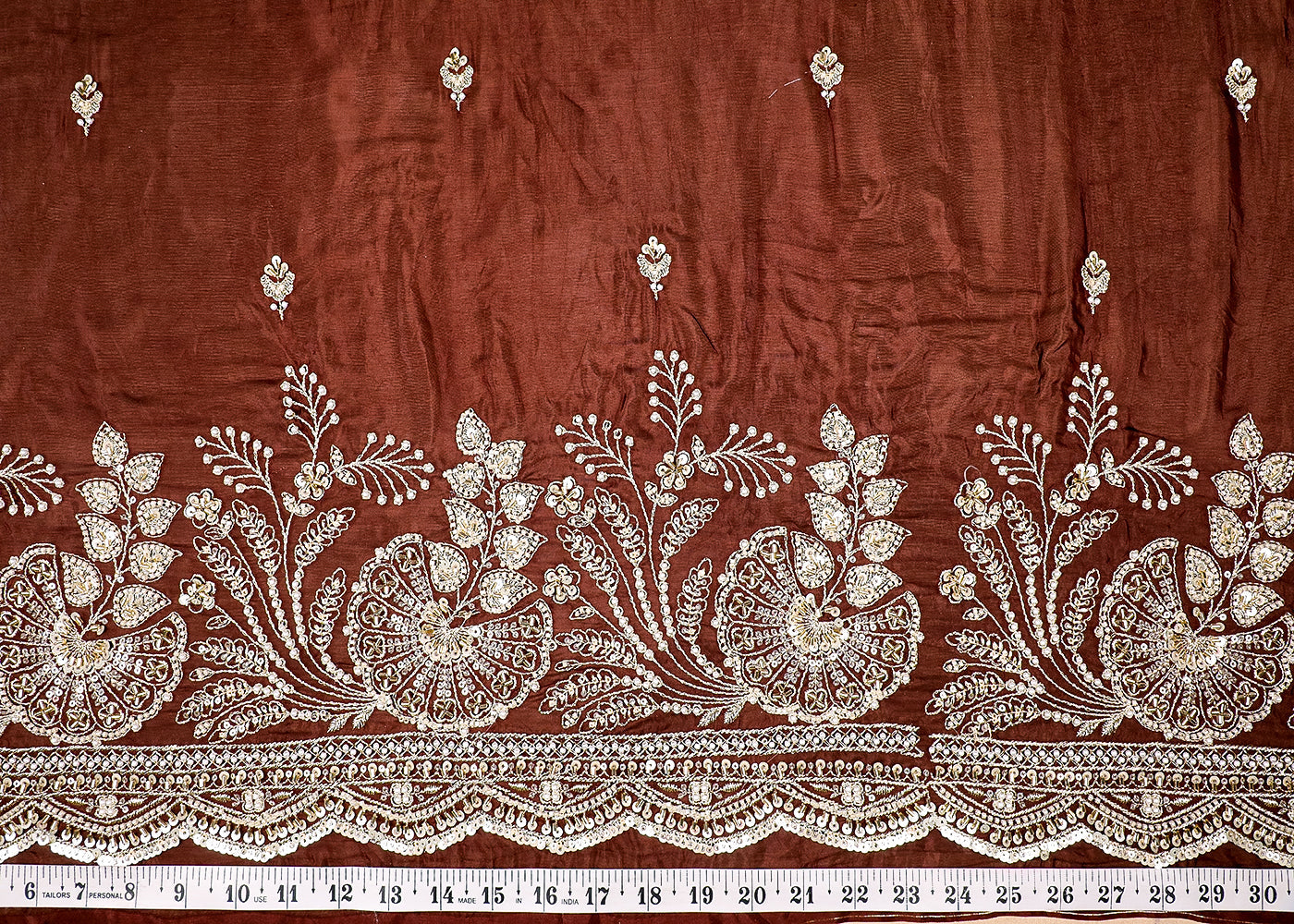 (Pre-Cut 3.75 MTR) Brown Organza Fabric With All Over Bead, Sequins, Katdana And Zari Work With One Side Border 18600