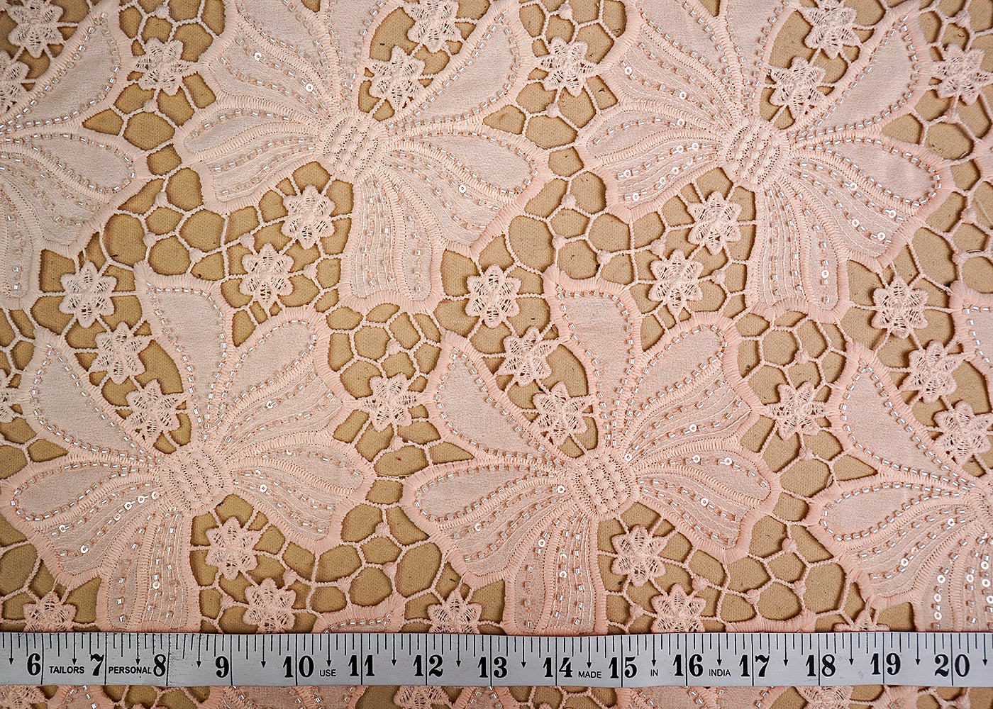 (Pre-Cut 0.9 MTR) Peach Crepe Fabric With All Over Bead And Cutwork 18605