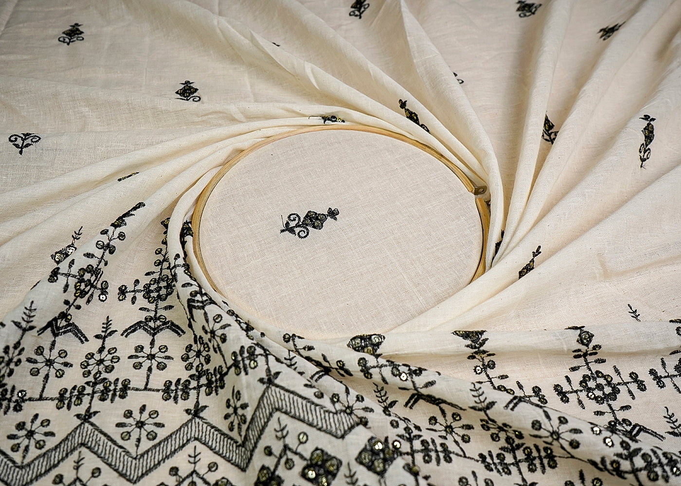 (Pre-Cut 1.4 MTR) White Cotton Fabric With All Over Thread And Sequins Work With One Side Border 18606