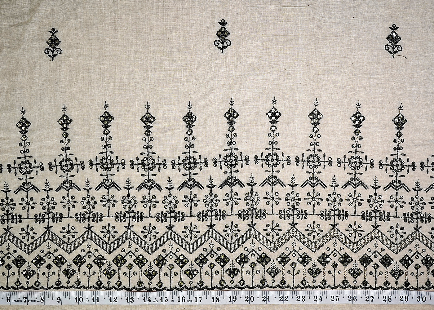 (Pre-Cut 1.4 MTR) White Cotton Fabric With All Over Thread And Sequins Work With One Side Border 18606