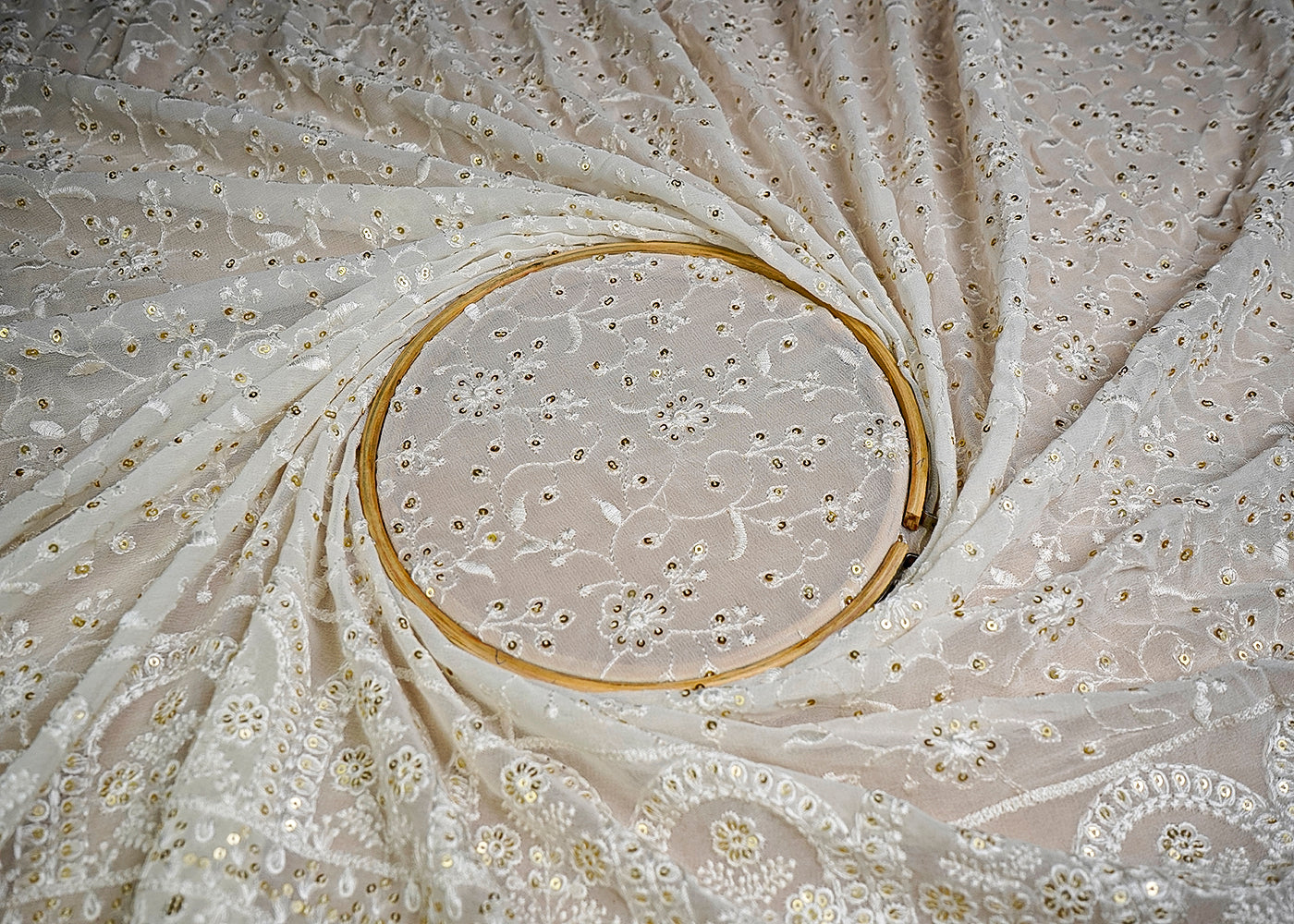 (Pre-Cut 3 MTR) White Georgette Fabric With All Over Thread And Sequins Work With One Side Border 18607