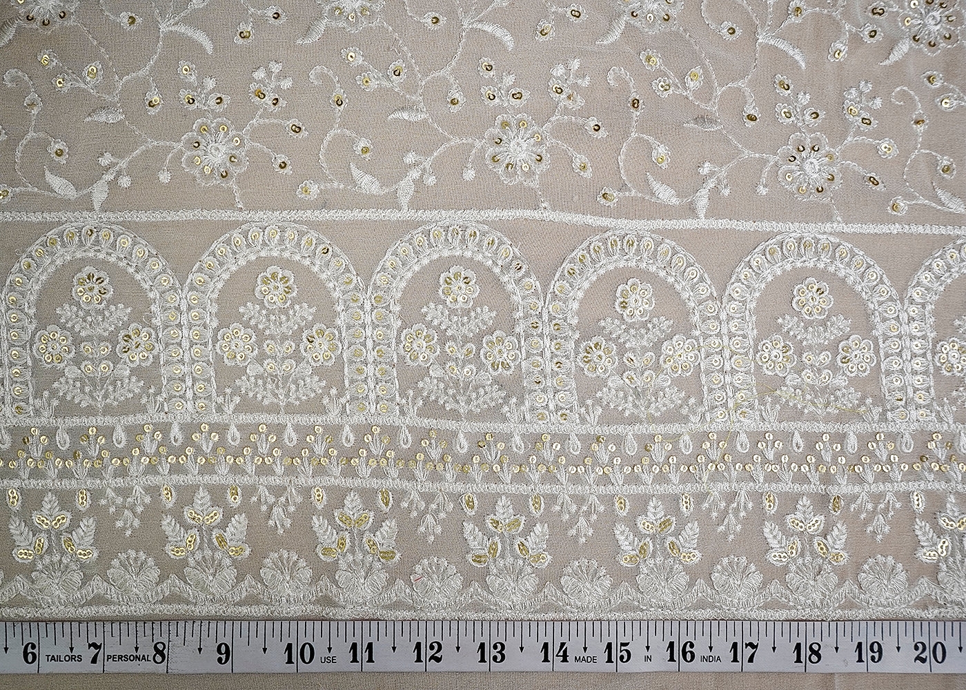 (Pre-Cut 3 MTR) White Georgette Fabric With All Over Thread And Sequins Work With One Side Border 18607