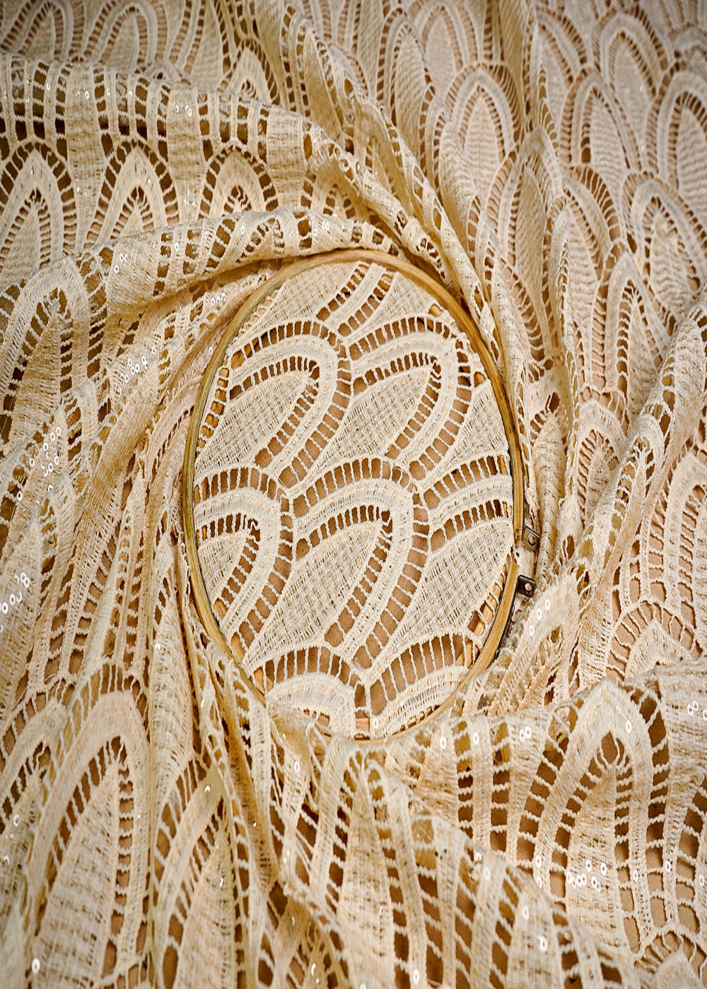 (Pre-Cut-0.9-MTR)-Cream-Crepe-Fabric-With-All-Over-Sequins-And-Cutwork-18608