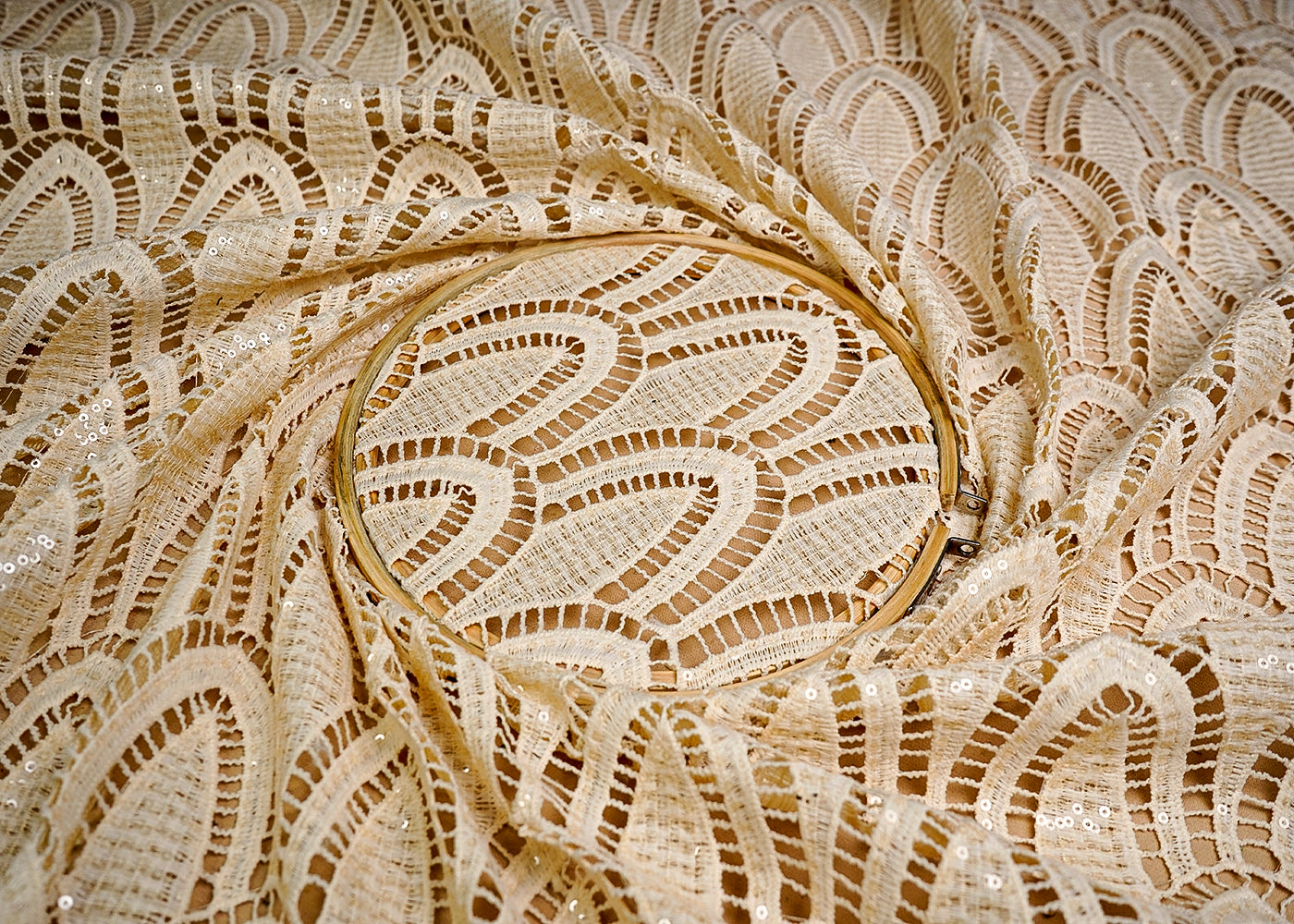 (Pre-Cut 0.9 MTR) Cream Crepe Fabric With All Over Sequins And Cutwork 18608
