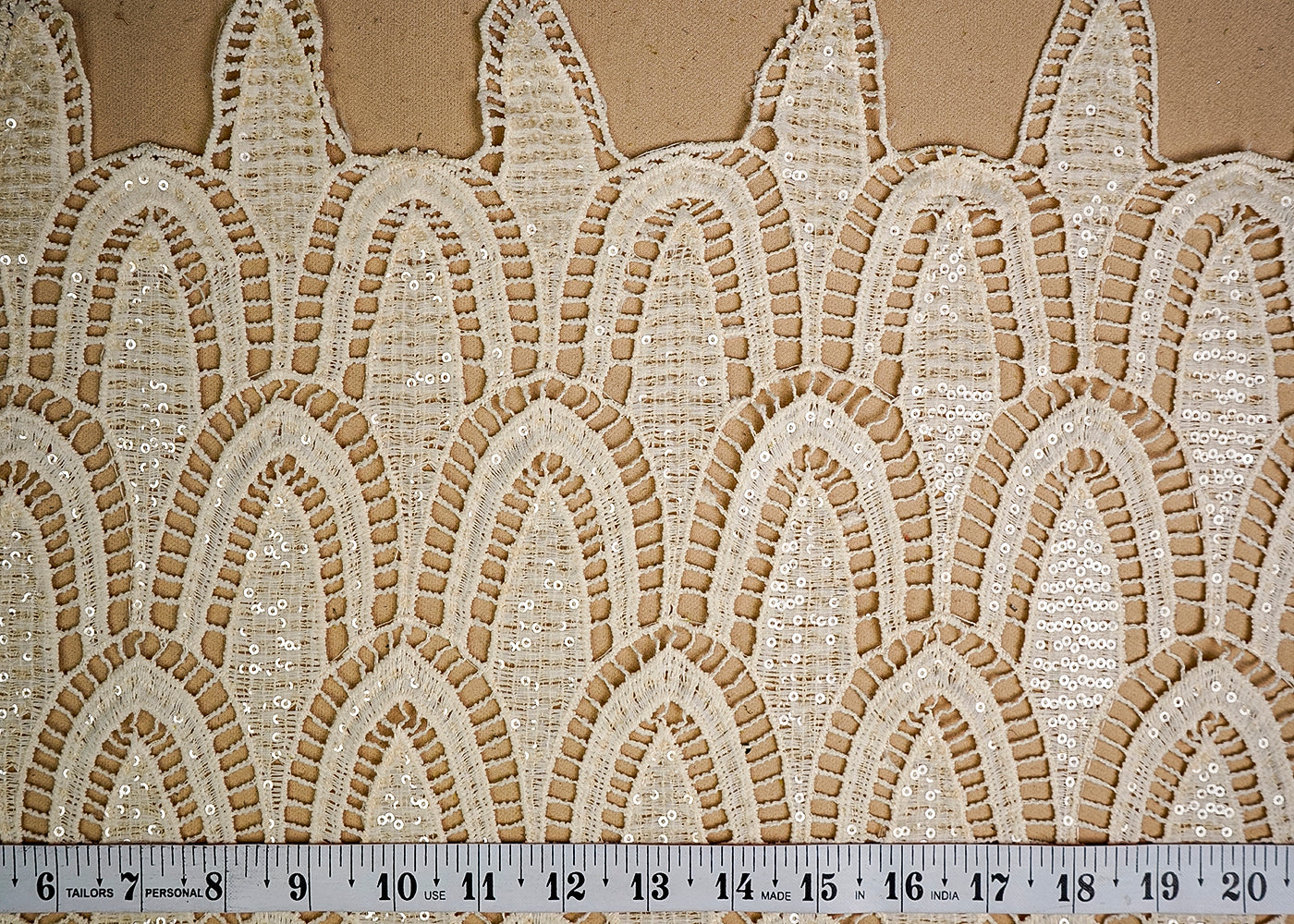 (Pre-Cut 0.9 MTR) Cream Crepe Fabric With All Over Sequins And Cutwork 18608