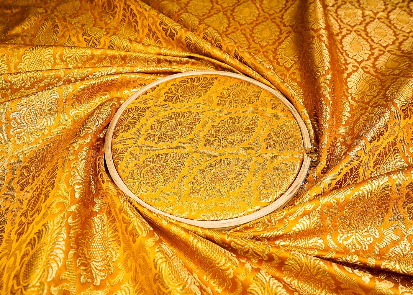 (Pre-Cut 1 MTR) Mustard Banarasi Brocade Fabric With All Over Zari Handloom 18611