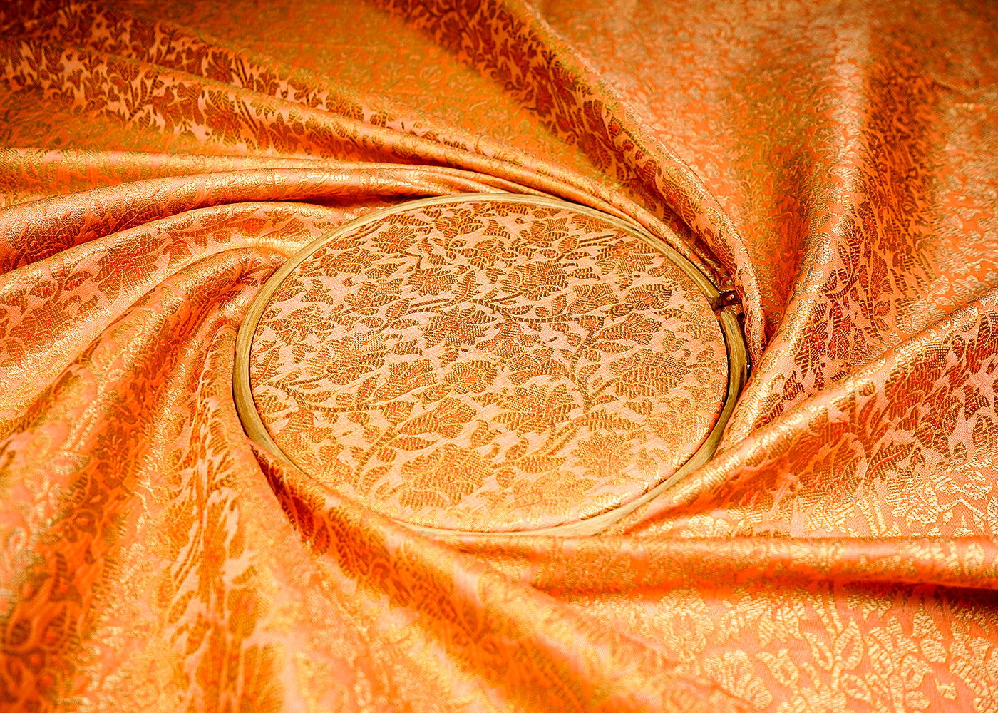 (Pre-Cut 1.7 MTR) Light Orange  Banarasi Brocade Fabric With All Over Zari Handloom 18612