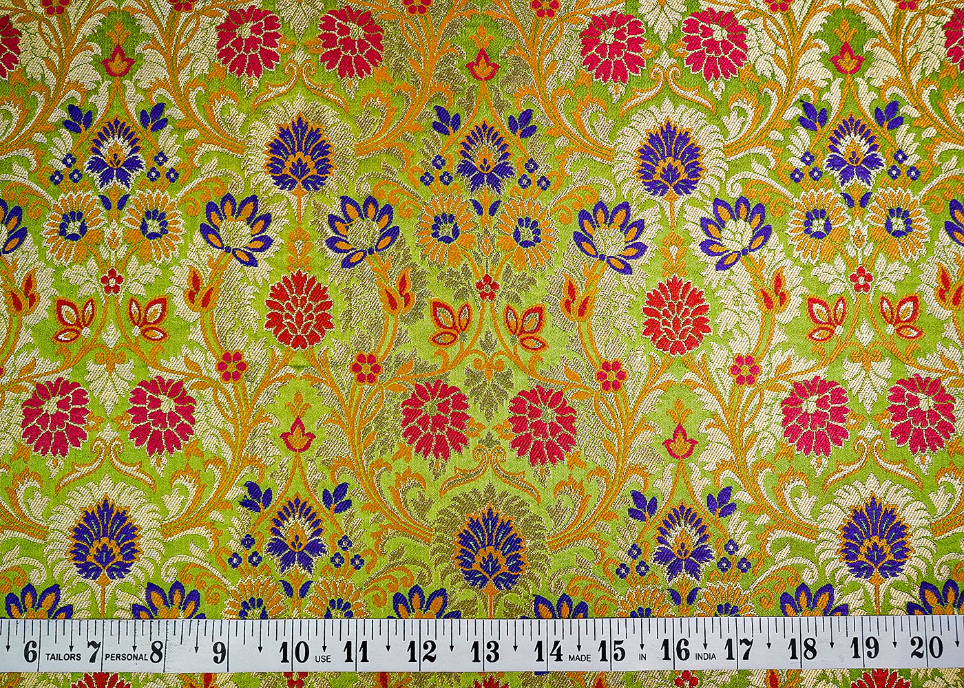 (Pre-Cut 2 MTR) Green Banarasi Brocade Fabric With All Over Zari Handloom 18618