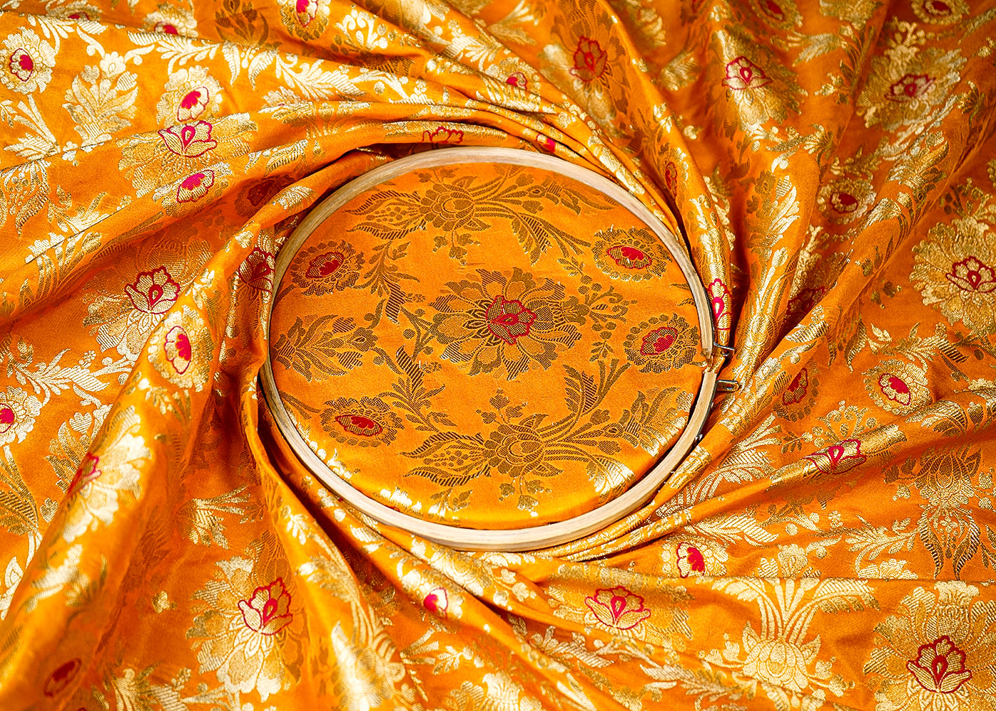 (Pre-Cut 1.8 MTR) Yellow Banarasi Brocade Fabric With All Over Zari Handloom 18620