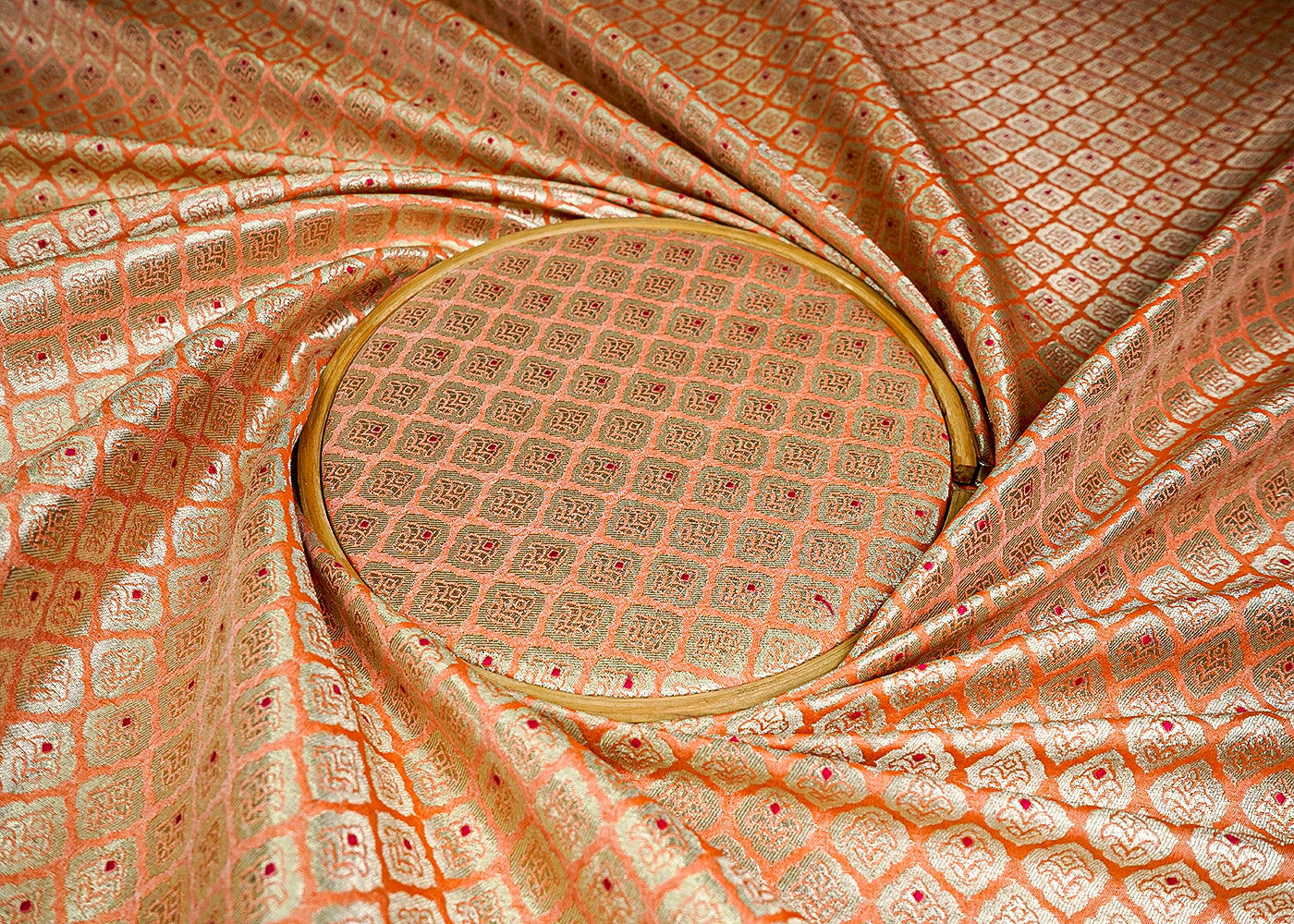 (Pre-Cut 1.9 MTR) Peach Banarasi Brocade Fabric With All Over Zari Handloom 18621